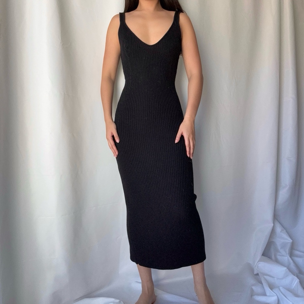 Her The Label Black Ribbed Wool Midi Dress